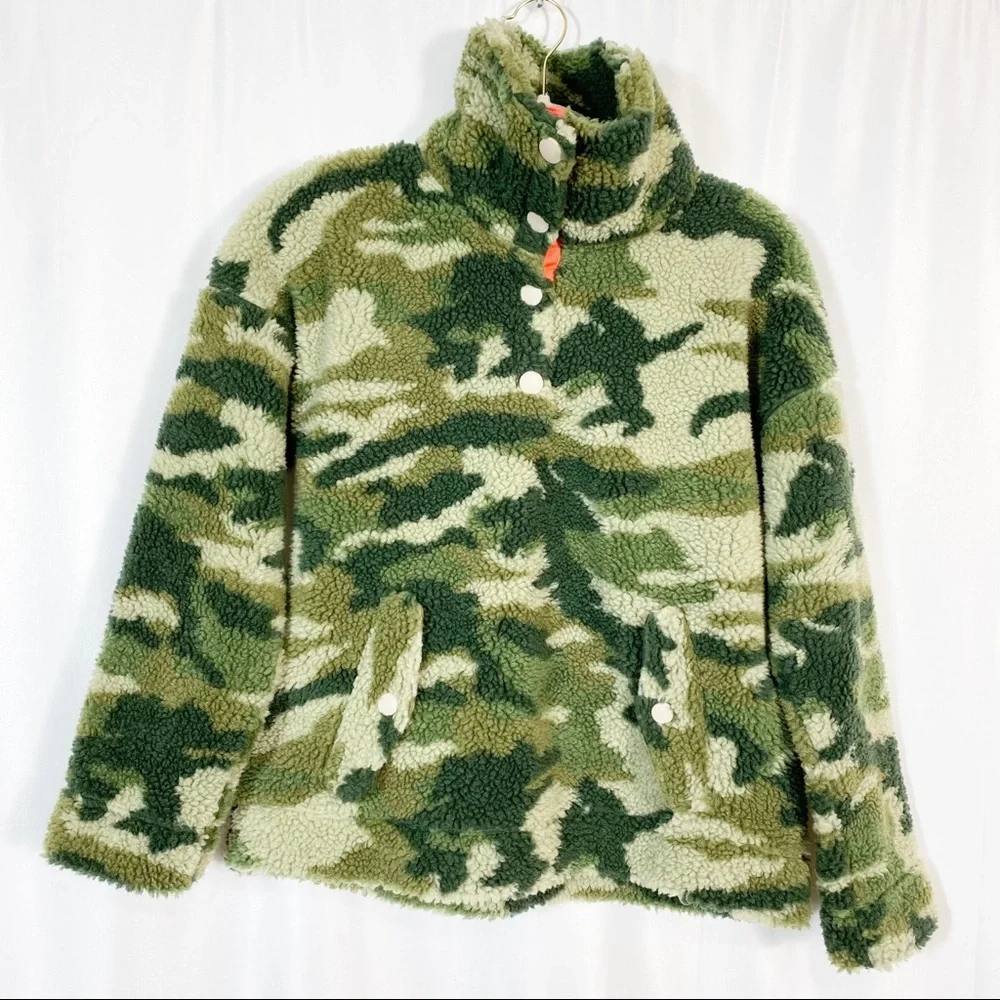 J. Crew Vintage Sherpa Fleece Pullover Jacket Camo Camouflage Olive Army Green